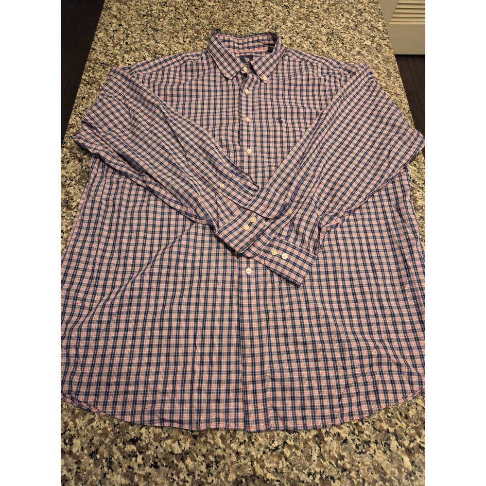 US Polo Assn Button Down Shirt Mens XL Pink Blue Plaid Wrinkle Free Long Sleeve